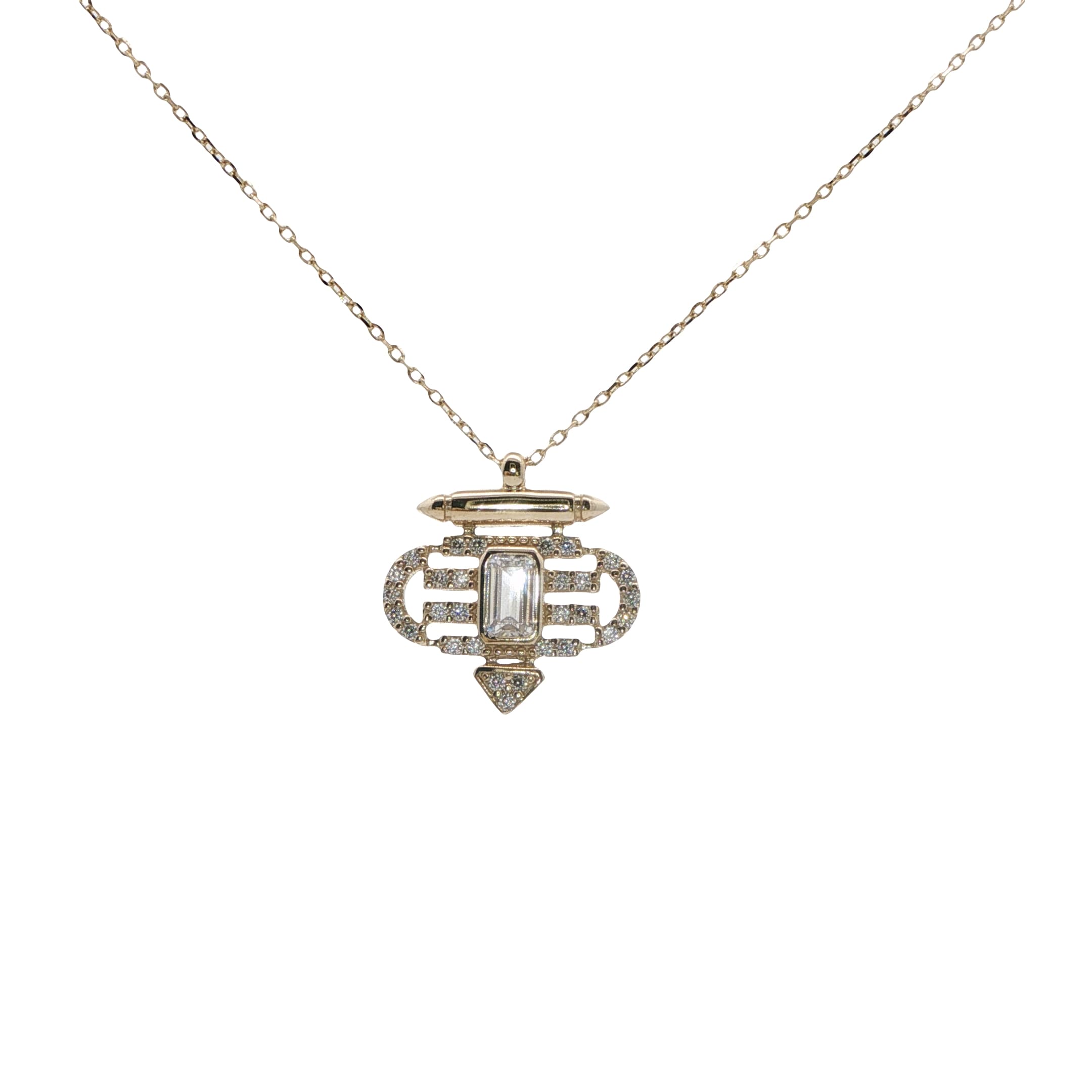 14 Ayar Altın Art Deco Esintili Baget Zirkon Taşlı Kolye | Acar Gold